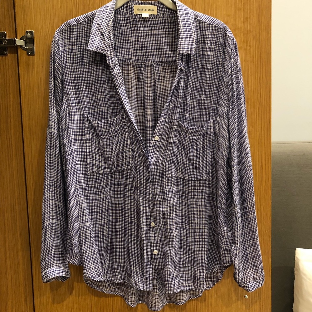 Blue and white lightweight button down blouse
